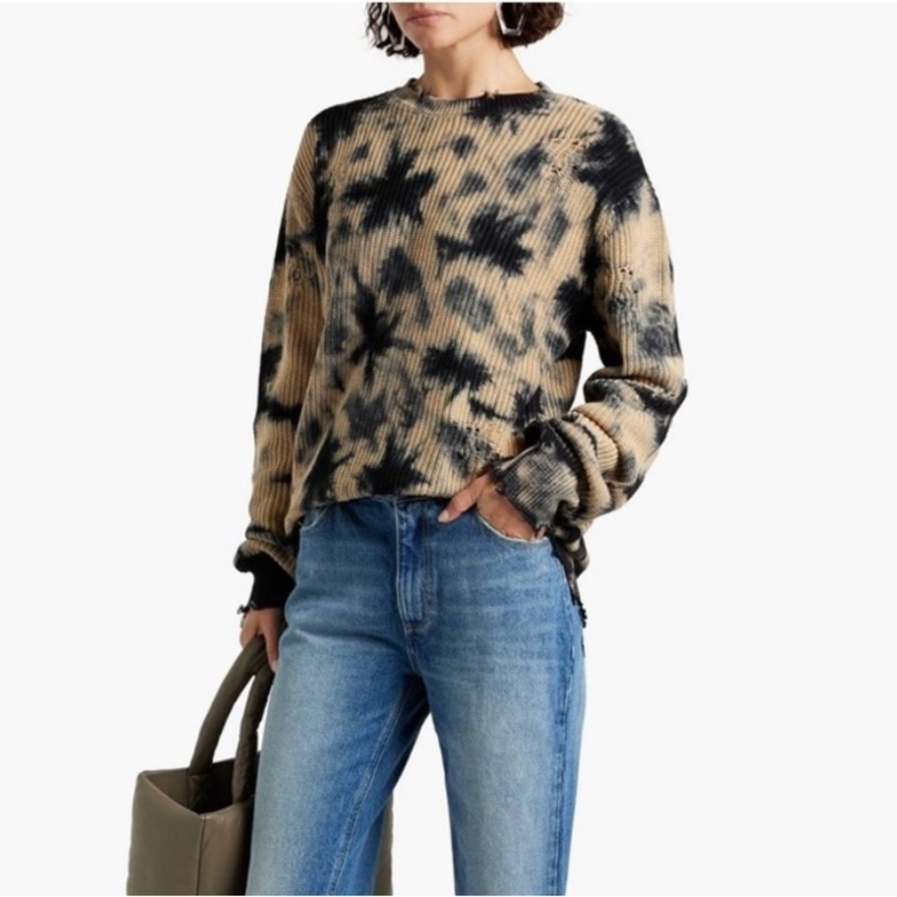 SER.O.YA Distressed Tie Dye Sweater Tan Black Oversized Knit Crewneck Size M